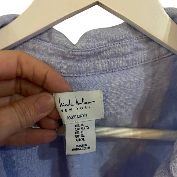 Nicole Miller 100% linen XL button down blue pockets - Picture 2 of 3